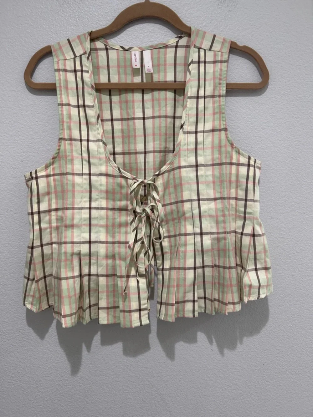 Anthropologie Plaid Tie-Front Sleeveless Camisole - Beige Plaid - Picture 4 of 9